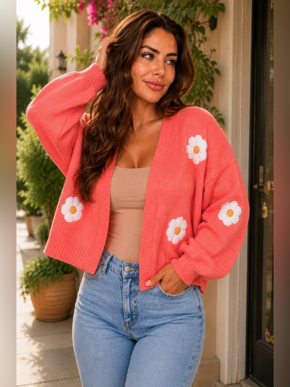 Bloom & Blossom Daisy Cardigan in Coral Pink - Picture 2 of 6